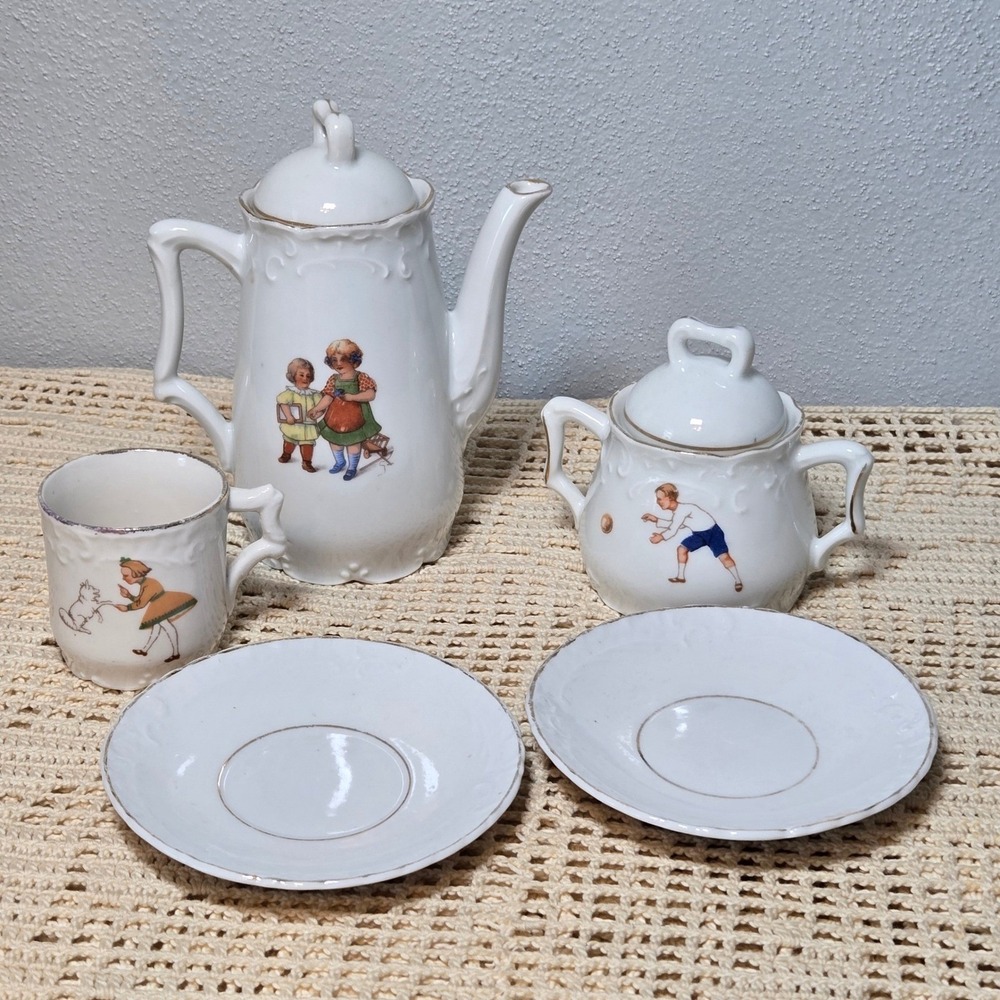 Child's Porcelain Tea Set Germany Antique Tea Pot Sugar 7 Pcs